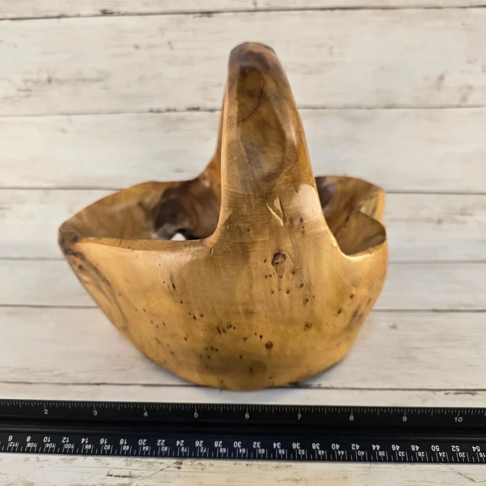 Hand Carved Live Edge Cedar Wood Basket Rustic Log Centerpiece Bowl with Handle